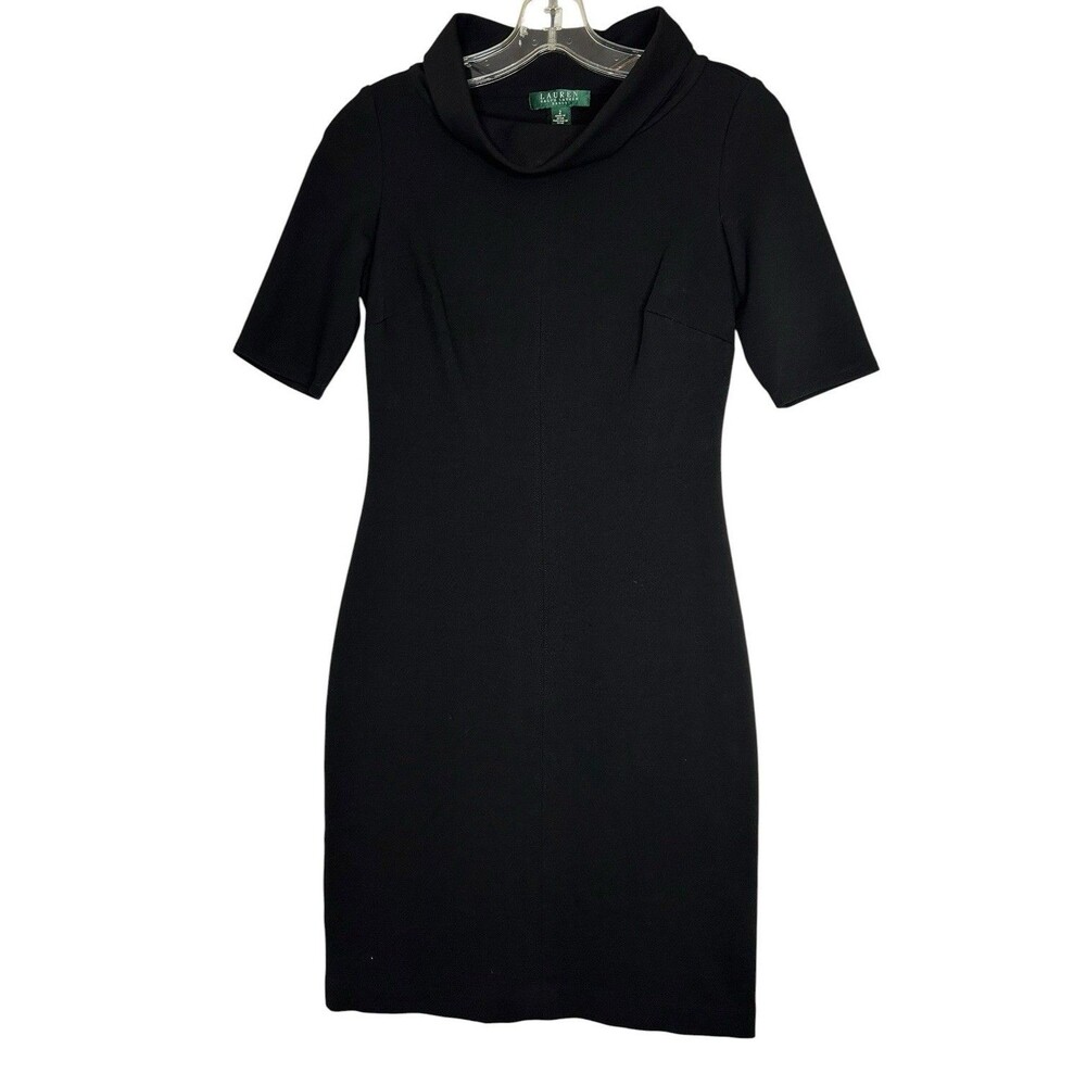 Lauren Ralph Lauren Ponte Knit Sheath Dress Black Stretch Sz 2 Cowl Neck Career
